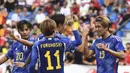 Timnas Jepang kembali menuai hasil positif dalam partai persahabatan yang masuk dalam agenda FIFA Matchday September 2023. Setelah sebelumnya sukses mempermalukan Jerman, Turki menjadi korban terbaru keganasan Pasukan Samurai Biru asuhan pelatih Hajime Moriyasu. Dalam laga yang digelar di Luminus Arena, Genk, Belgia, Selasa (12/9/2023) malam WIB, Atsuki Ito dkk mengalahkan Turki dengan skor 4-2. Empat gol Jepang dicetak lewat brace Keito Nakamura dan masing-masing satu gol oleh Atsuki Ito dan Junya Ito. (AP Photo/Frederic Sierakowski)