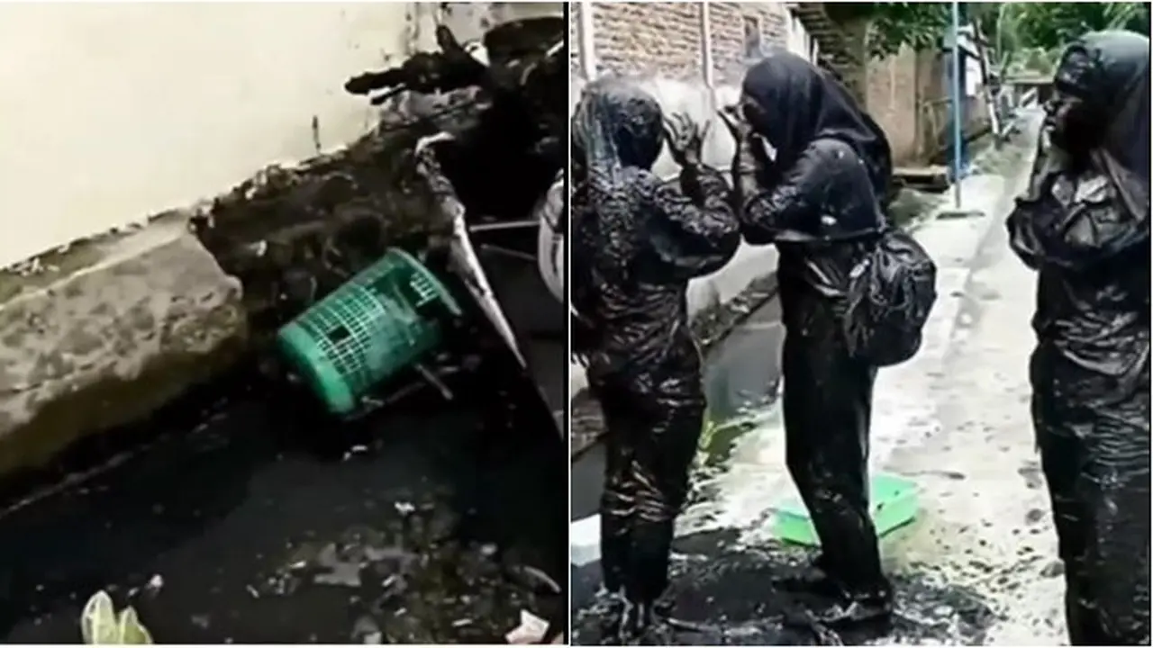 Tiga Siswi Boncengan Motor Nyungsep ke Selokan Penuh Lumpur, Netizen: Cewek Mamba