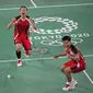 Reaksi ganda putri Indonesia Greysia Polii / Apriyani Rahayu setelah mengalahkan Lee So-hee dan Shin Seungchan dari Korea Selatan pada pertandingan semifinal badminton Olimpiade Tokyo 2020 di di Musashino Forest Sport Plaza, Tokyo, Sabtu, 31 Juli 2021. (A