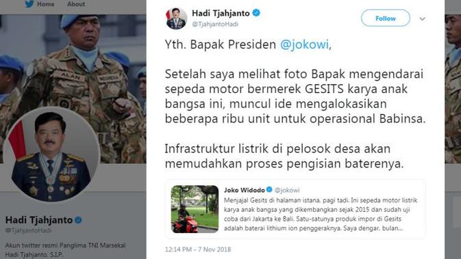 Panglima TNI Juga Tertarik Pesan Gesits Ribuan Unit (twitter)