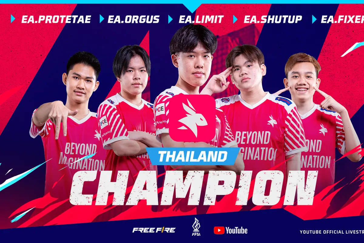 Tim esports Thailand, EArena keluar sebagai juara Free Fire SEA Invitational. Mereka membawa hadiah utama USD 100.000, dengan total 232 poin (Garena)