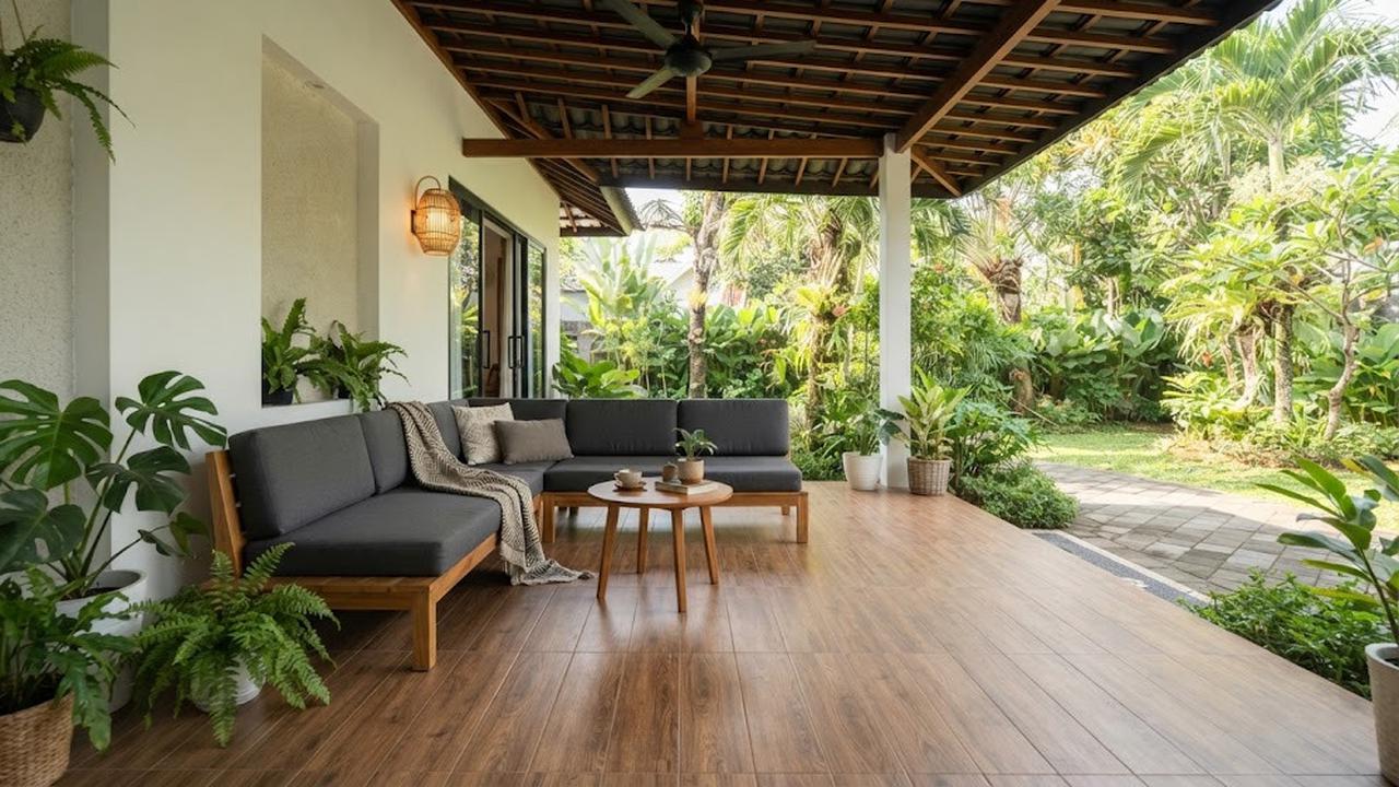Model teras minimalis dengan lantai motif kayu yang cocok untuk rumah masa kini dengan pemasangan sofa