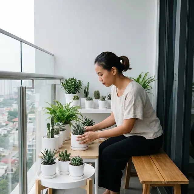 Teras dengan Pot Kecil Seragam Warna Putih (Gemini AI)
