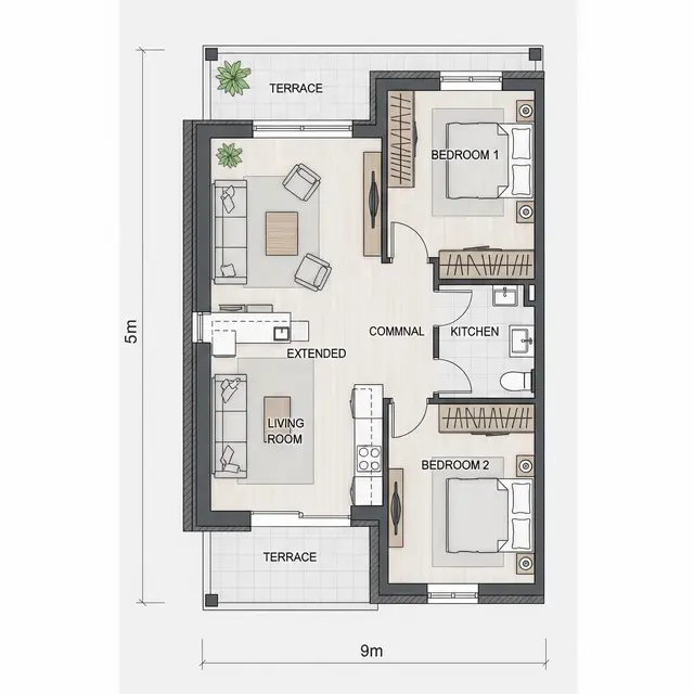 Denah Rumah 5x9 dengan 2 Kamar Tidur