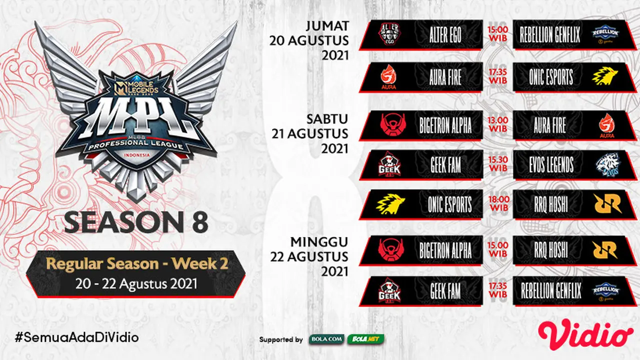 Link Live Streaming Pertandingan MPL Season 8 Pekan Kedua di Vidio, 20-22 Agustus 2021