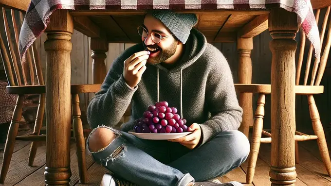 illustrasi tradisi makan 12 anggur dibawah meja