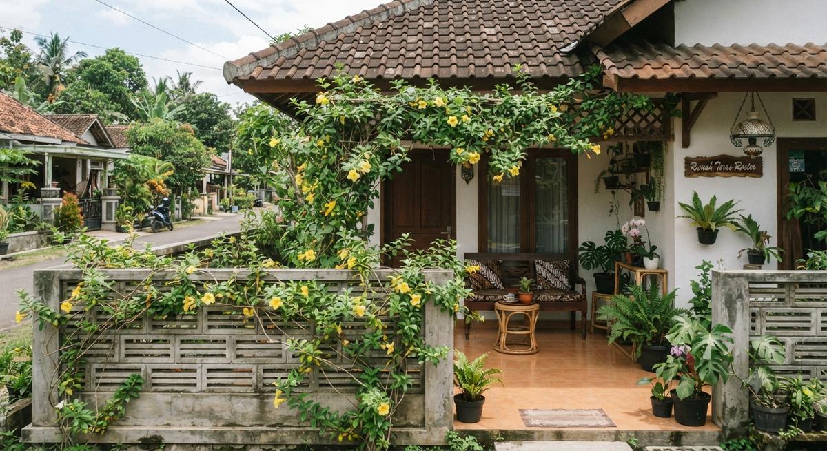 Inspirasi Teras Rumah dengan Roster dan Tanaman Rambat, Bikin Hunian Sejuk dan Estetik Model Susun Horizontal dengan Tanaman Alamanda