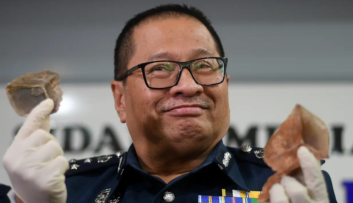 Petugas bea cukai Malaysia memperlihatkan kulit trenggiling di Sepang, senin (8/5). Bea cukai Malaysia menyita lebih dari 700 kilogram kulit trenggiling yang akan diseludupkan senilai 2,12 juta dolar Amerika. (AFP/MANAN VATSYAYANA)