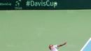 Petenis Indonesia, Althaf Dhaifullah melakukan servis saat melawan petenis Fiipina Davis 2018 grup dua Asia/Oceania di Senayan, Jakarta, Sabtu (3/2/2018). Althaf kalah 3-6, 2-6. (Bola.com/Nick Hanoatubun)