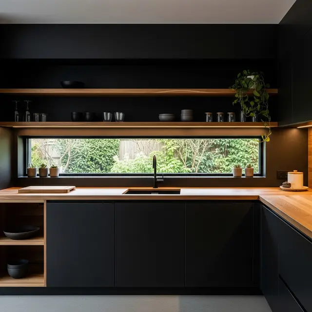 Dapur Minimalis Hitam dengan Sentuhan Kayu (Gemini AI)