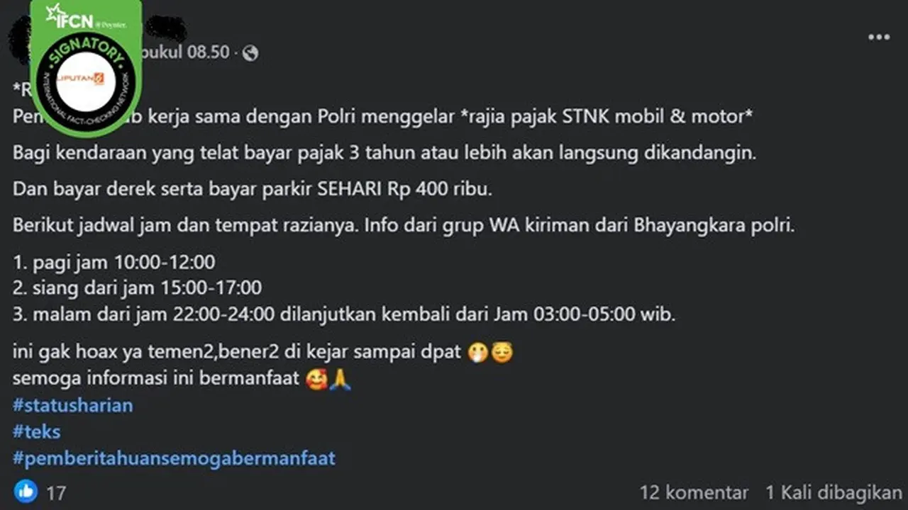 Gambar tangkapan layar kabar tentang pemda, dishub, dan Polri akan menggelar razia STNK pada April 2025. (sumber: Facebook)