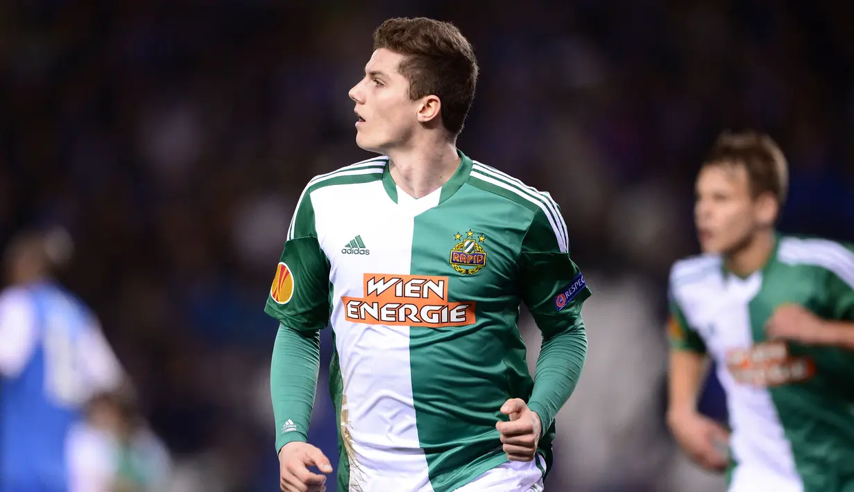 Pemain Rapid Wien, Marcel Sabitzer melakukan selebrasi setelah mencetak gol ke gawang Genk pada laga Grup G Liga Europa 2013/2014 pada 24 Oktober 2013. Sabitzer direkrut menuju Rapid Wien pada 2013 setelah tampil mengesankan di Admira Wacker Modling. Gelandang Austria itu hanya bermain semusim dengan mencetak 12 gol dan delapan assist dalam 57 pertandingan. (AFP/Belga/Yorick Jansens)
== BELGIUM OUT ==
YORICK JANSENS / BELGA / AFP
