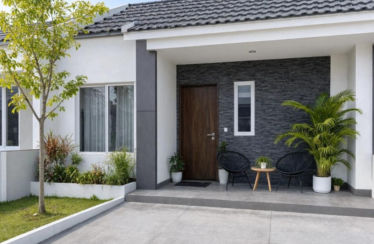 Inspirasi Teras Rumah Subsidi dengan Batu Alam dan Palem Kuning (AI Generated)