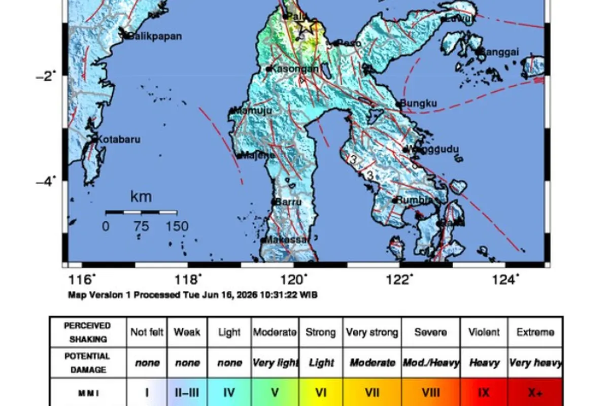 Gempa bumi dengan magnitudo 6,7 mengguncang wilayah Tenggara Palu, Sulawesi Tengah, pada Selasa (16/6/2026). (Dok. BMKG)
