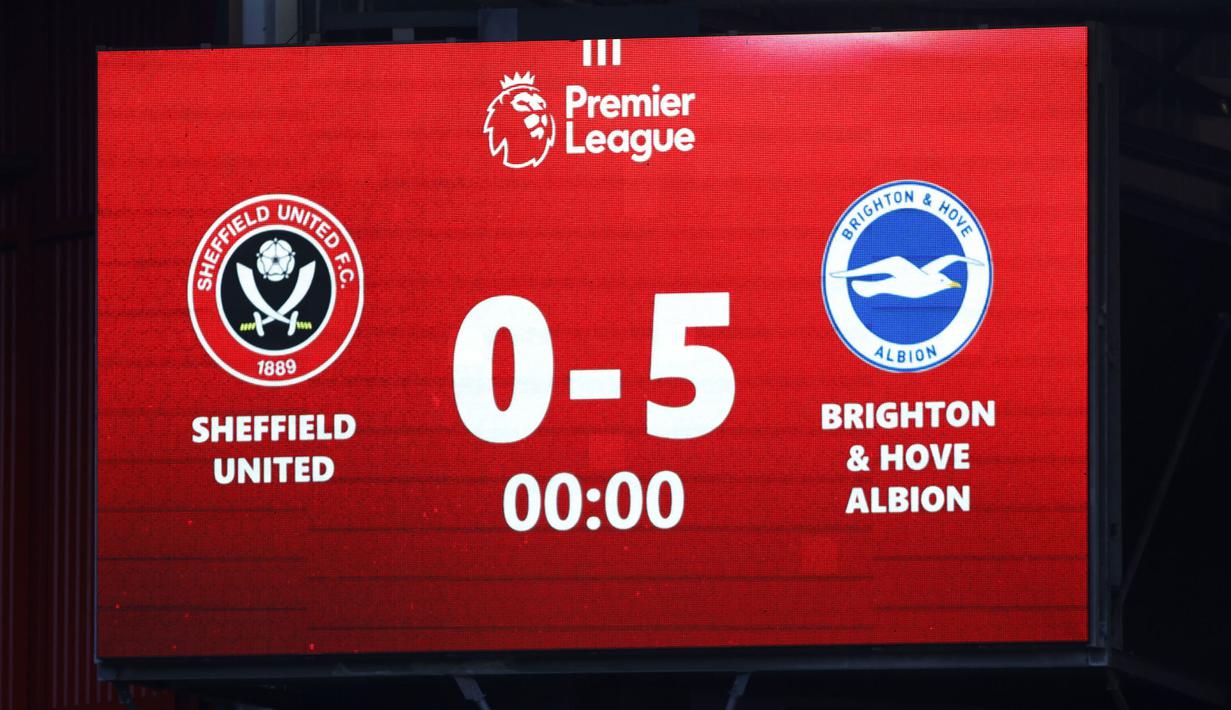 Papan skor menunjukkan skor akhir pertandingan lanjutan Liga Inggris 2023/2024 antara Sheffield United melawan Brighton di Bramall Lane stadium, Sheffield, Inggris, Minggu (19/02/2024). (AP Photo/PA/Nick Potts)