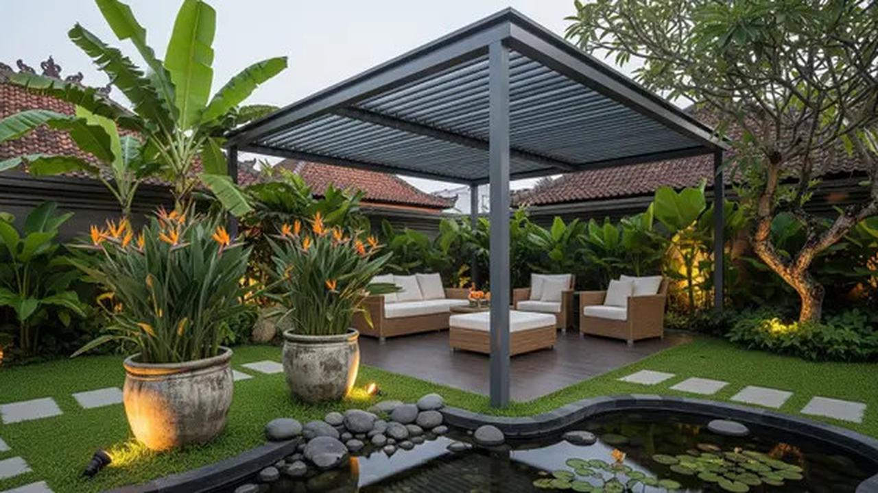 8 Model Teras Rumah Kecil dengan Kanopi Baja Ringan dan Tanaman Tropis Segar