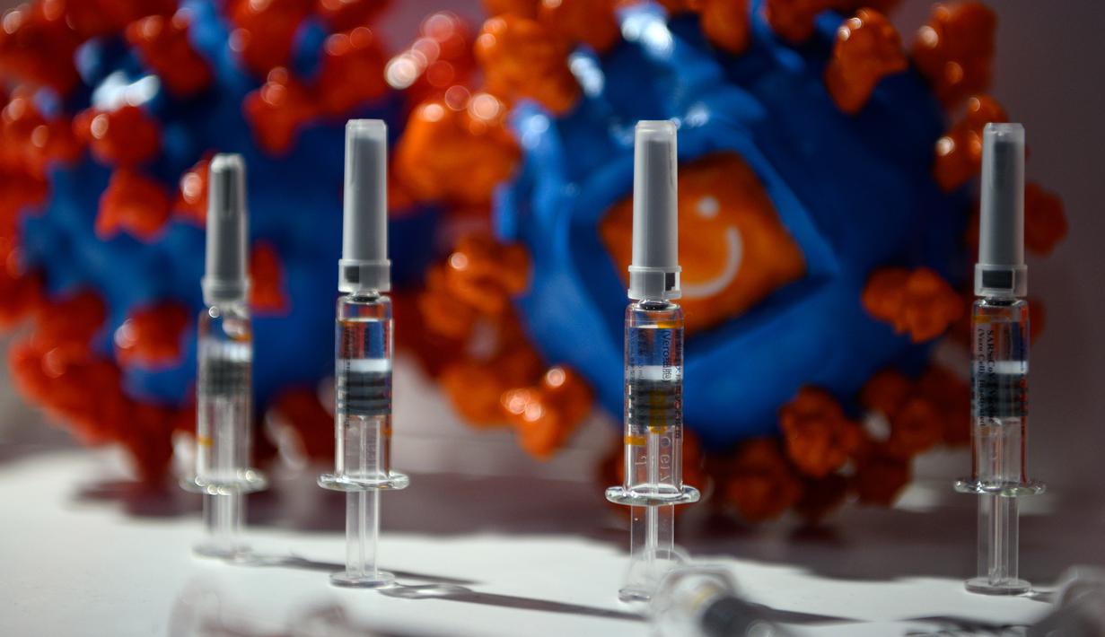Kandidat vaksin Sinovac Biotech LTD untuk virus corona Covid-19 terlihat dipajang dalam Pameran Internasional China untuk Perdagangan Jasa (CIFTIS) di Beijing pada 6 September 2020. Untuk pertama kalinya, China akhirnya resmi memamerkan produk dalam negeri vaksin COVID-19. (NOEL CELIS/AFP)