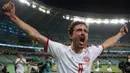 Thomas Delaney tercatat telah mengikuti dua edisi Euro bersama Timnas Denmark yaitu pada 2020 dan 2024. Satu gol berhasil dicetaknya dari total 7 laga, termasuk pada Euro 2024. Gol tersebut dicetaknya saat membawa Denmark menang 2-1 atas Republik Ceska pada babak perempatfinal Euro 2024 (3/7/2021). Saat itu usianya telah menginjak 29 tahun dan 10 bulan. (AFP/Pool/Naomi Baker)