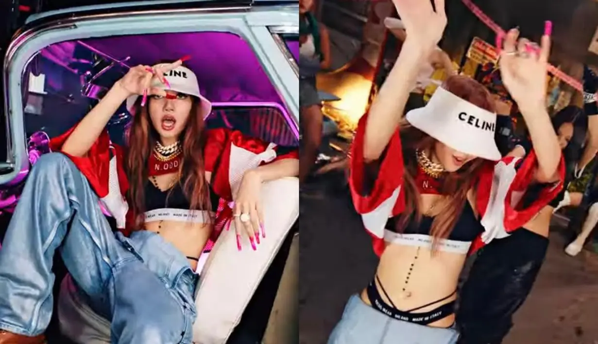 Outfit Lisa BLACKPINK yang satu ini juga tak luput dari perhatian. Dia tampil bergaya hip hop dengan mengenakan basic bra dari GCDS dan jersey dari Neo Hockey. Kesan hip hop itu diperkuat dengan overal jeans yang dilipat sehingga memamerkan pakaian dalam Lisa yang berwarna hitam. (YouTube/blackpink).