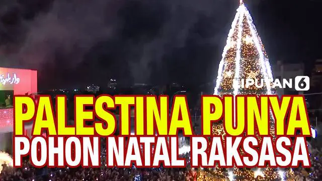 Jelang perayaan hari Natal yang akan berlangsung beberapa pekan lagi, sebuah pohon natal raksasa dinyalakan warga Palestina di Ramalah.