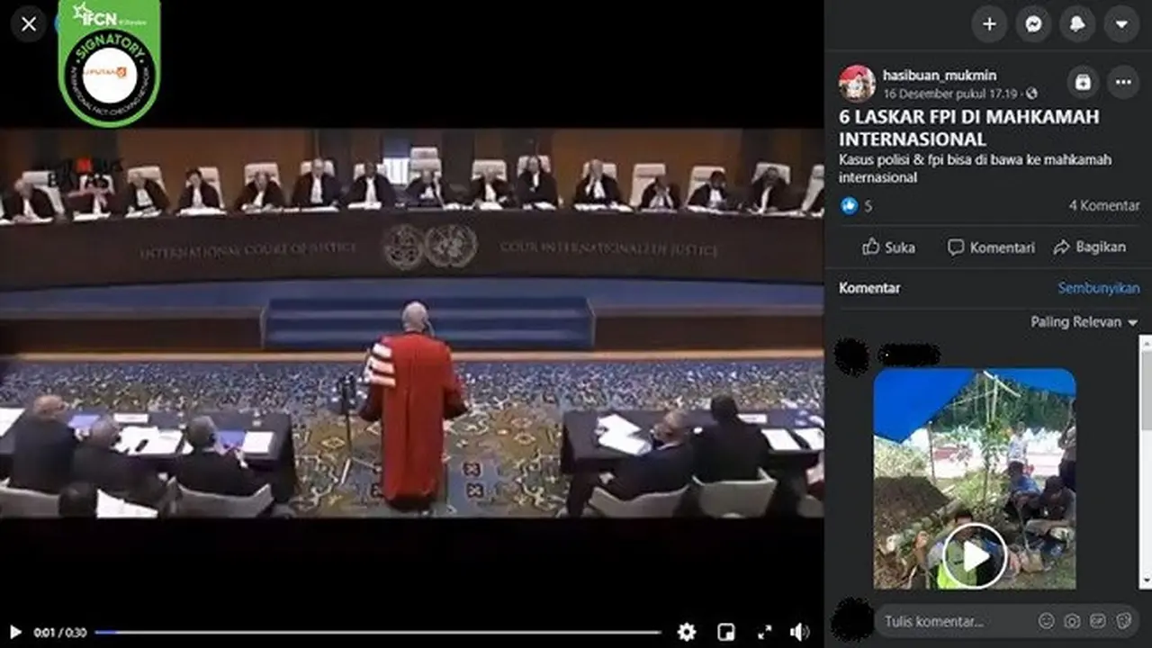 Gambar Tangkapan Layar Video yang Diklaim Sidang Kasus Tewasnya 6 Laskar FPI di Mahkamah Internasional (sumber: Facebook)