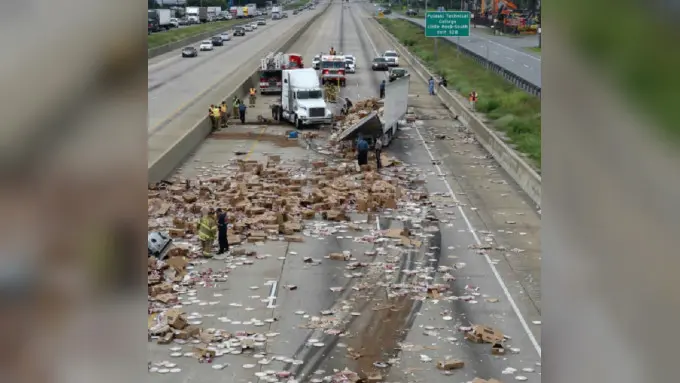 Jalan raya di Arkansas macet selama empat jam setelah truk 18 roda mengalami kecelakaan dan membuat banyak pizza beku berserakan (AP) 