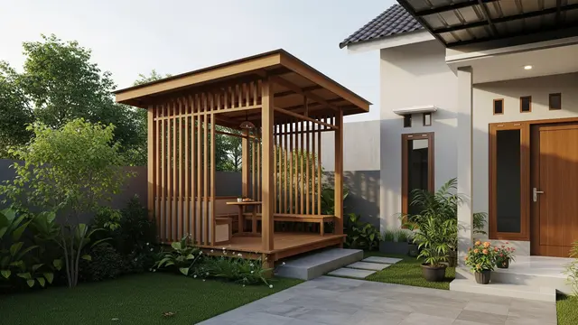Desain Gazebo Minimalis Modern untuk Lahan Sempit Ukuran 2x2 Meter Model Terbuka dengan Rangka Kayu