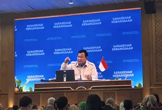 Presiden Prabowo Subianto dalam acara Sarasehan Kebangsaan 2.600 Rektor/Dekan/Dosen PTN & PTS Seluruh Indonesia bertema di Jakarta Convention Center (JCC), Jakarta Pusat, Minggu (28/6/2026) (Liputan6.com/Winda Nelfira)