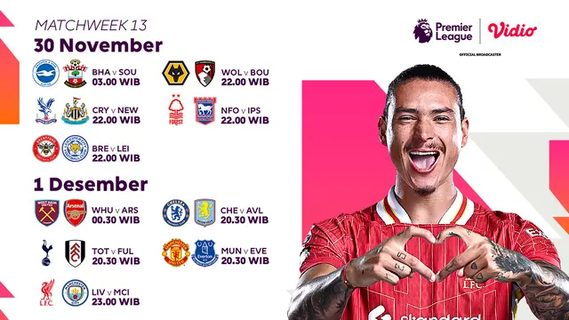 Jadwal Premier League 202/24 Matchweek 13 di Vidio