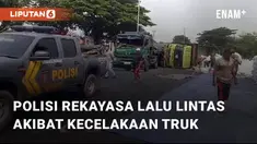 Kecelakaan truk trailer terjadi di jalur Pantura Widasari, Indramayu, pada Rabu (17/1/2024). Truk tersebut terguling dan menutup ruas jalur pantura arah Cirebon