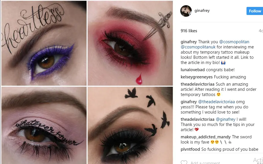 Makeup mata dengan aplikasi tato temporer (Foto: Instagram Gina Frey)