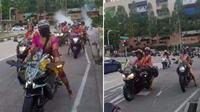 Emak-emak berkain sari penunggang Kawasaki Ninja H2 pimpin konvoi moge. (World of Buzz)