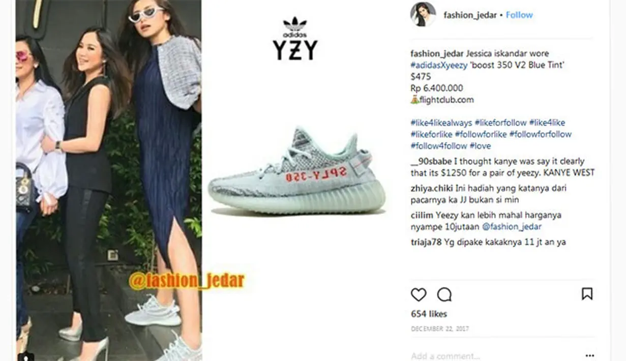 Tak hanya heels, Jedar juga koleksi sneakers untuk penampilan sehari-harinya. Dan untuk koleksi sneakers abu-abu keluaran AdidasXyeezy ini harganya mencapai Rp.6.400.000. (Instagram/fashion_jedar)