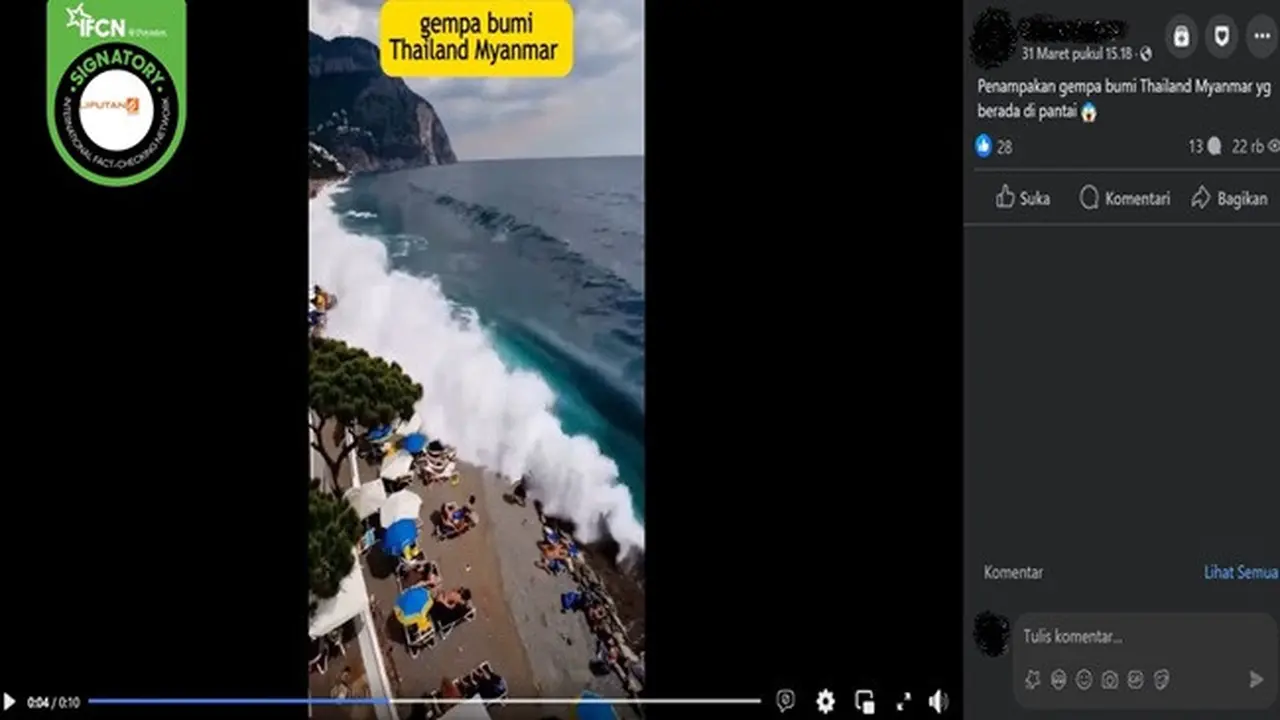 Gambar tangkapan layar video yang diklaim penampakan gelombang tinggi di pantai akibat gempa yang mengguncang Myanmar. (sumber: Facebook)
