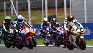 Mario Suryo Aji (nomor motor 64) pada balapan Moto2 Brasil di Sirkuit Ayrton Senna, Goiania. (Honda Team Asia)