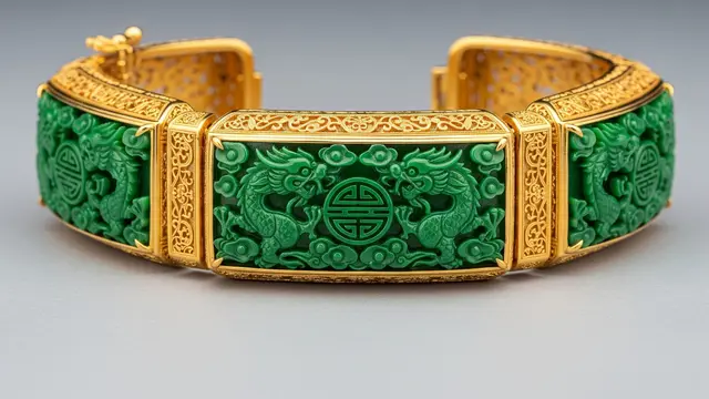 Gelang Emas Giok Hijau dengan Ukiran Tionghoa