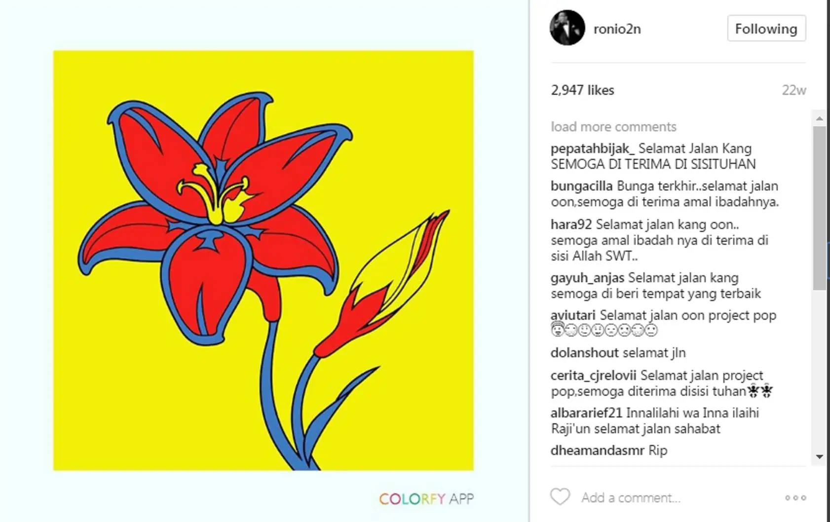 Postingan terakhir Oon Project Pop yang penuh makna. (Instagram)