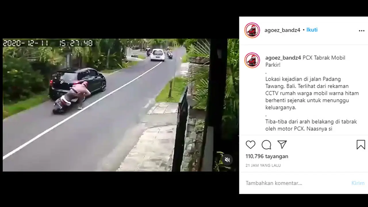 Seperti dilansir akun Instagram @agoez_bandz4, Minggu (13/12/2020), terlihat seorang pemotor menabrak bagian belakang mobil yang sedang berhenti dengan cukup keras.