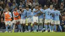 <p>Para pemain Manchester City merayakan gol setelah Joao Cancelo mencetak gol ke gawang Nottingham Forest pada pertandingan lanjutan Liga Inggris di Stadion Etihad di Manchester, Inggris, Kamis (1/9/2022). Haaland mencetak hattrick dan Manchester City menang besar atas Nottingham Forest 6-0. (AP Photo/Dave Thompson)</p>