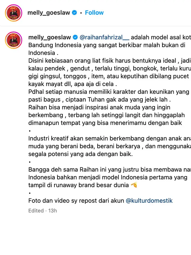 Unggahan Melly Goeslaw. (Foto: Dok. Instagram @melly_goeslaw)