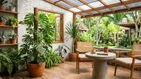 10 Ide Teras Rumah dengan Meja Semen dan Tanaman Monstera, Sudut Santai Paling Hits
