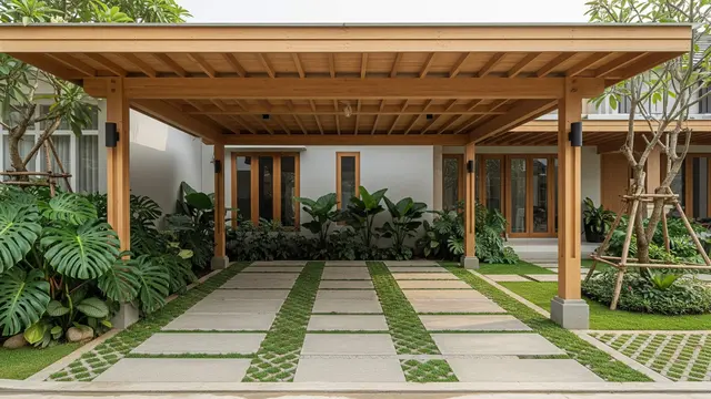 Carport Kayu Alami yang Menyatu dengan Taman Rumah