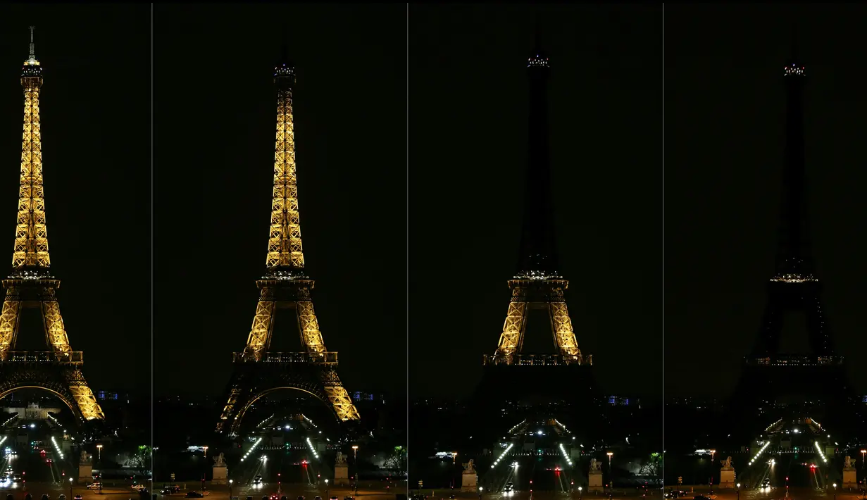 Kombinasi gambar c menunjukkan landmark kota Paris, Menara Eiffel saat lampu dimatikan untuk menghormati para korban serangan di sinagog, tempat peribadatan pemeluk Yahudi, di Pittsburgh, Pennsylvania. (Zakaria ABDELKAFI/AFP)