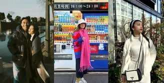 Sambut Tahun Baru 2024, Enzy Storia tampil ceria dengan outfit warna cerah. Ia memadukan sweater warna-warni, dengan syal pink, long skirt, dan bucket hat warna putih. [@enzystoria]