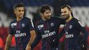 Striker PSG, Jese Rodriguez, bersama Marquinhos dan  Maxwel merayakan kemenangan atas Lille pada laga Liga 1 Prancis di Stadion Parc des Princes, Rabu (14/12/2016). Jese resmi meninggalkan PSG dan bergabung ke Stoke City. (AFP/Franck Fife)