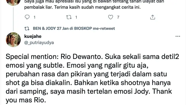 Cuitan Putri Ayudya soal film Ben & Jody. (Foto: Dok Twitter @_putriayudya)