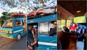 Bule sewa angkot untuk cari tempat surfing di Bali, vibesnya bak surfer van. (Sumber: Instagram/superbeercarry)