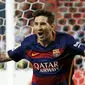 Ekspresi pemain Barcelona, Lionel Messi, setelah mencetak gol ke gawang Atletico dalam lanjutan La Liga Spanyol di Stadion Vicente Calderon, Madrid, Spanyol. Sabtu (12/9/2015). (Reuters/Javier Barbancho)