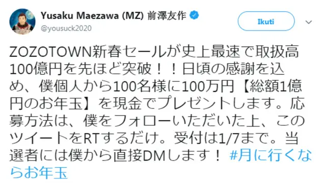 Miliarder Jepang Bagi-Bagi Rp 13 Miliar di Twitter, Syaratnya?