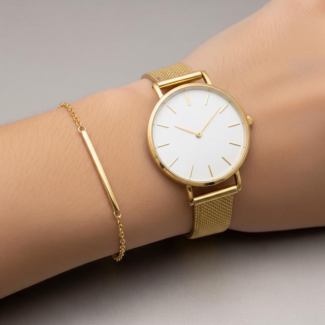 9. Gelang Rantai Minimalis dengan Jam Tangan Emas Klasik